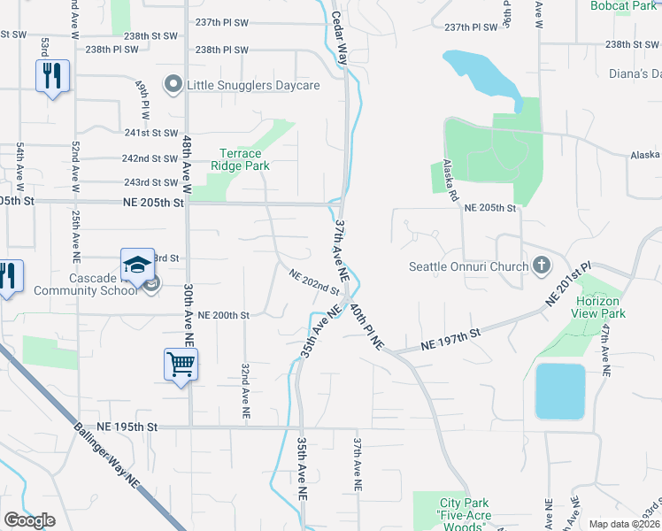 map of restaurants, bars, coffee shops, grocery stores, and more near 20231 37th Avenue Northeast in Lake Forest Park
