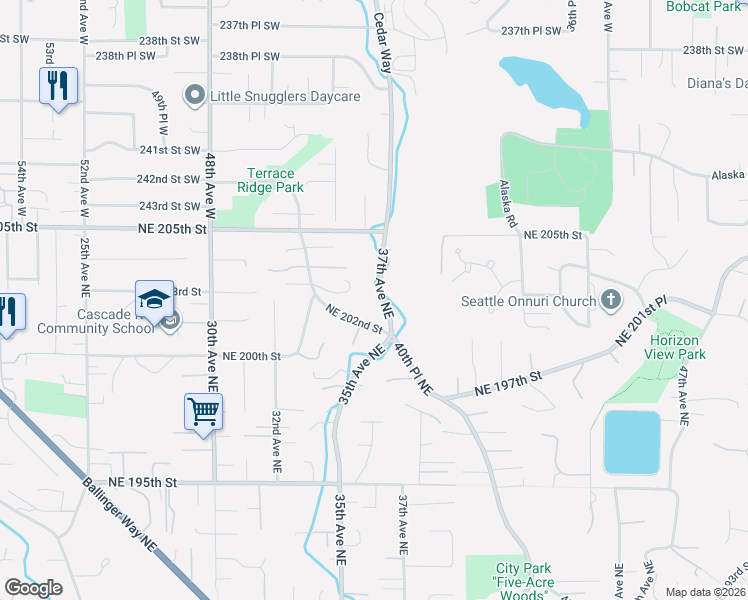 map of restaurants, bars, coffee shops, grocery stores, and more near 20231 37th Avenue Northeast in Lake Forest Park