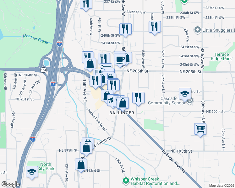 map of restaurants, bars, coffee shops, grocery stores, and more near 20029 19th Avenue Northeast in Seattle