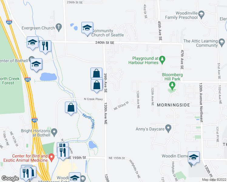 map of restaurants, bars, coffee shops, grocery stores, and more near 18218 North Creek Parkway in Bothell