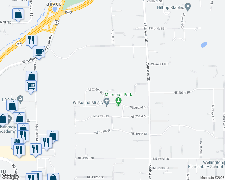 map of restaurants, bars, coffee shops, grocery stores, and more near 15315 Northeast 204th Street in Woodinville