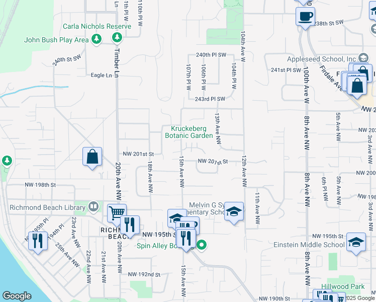 map of restaurants, bars, coffee shops, grocery stores, and more near 1439 Northwest 202nd Lane in Shoreline