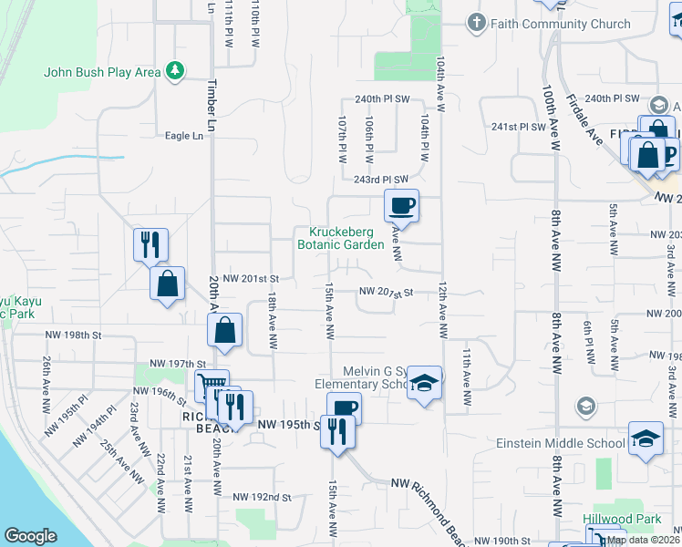 map of restaurants, bars, coffee shops, grocery stores, and more near 1439 Northwest 202nd Lane in Shoreline