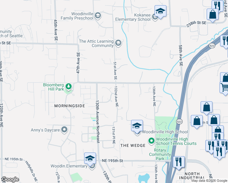 map of restaurants, bars, coffee shops, grocery stores, and more near 13150 Northeast 203rd Place in Woodinville