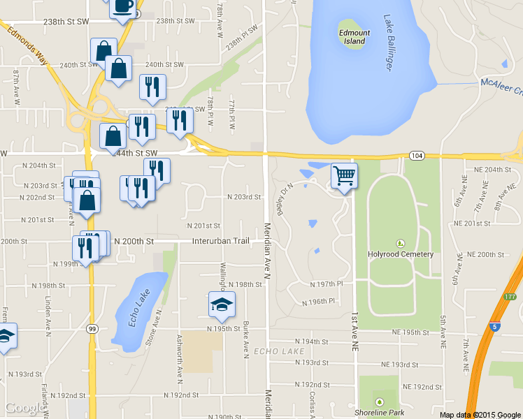 map of restaurants, bars, coffee shops, grocery stores, and more near 20047 Meridian Avenue North in Shoreline