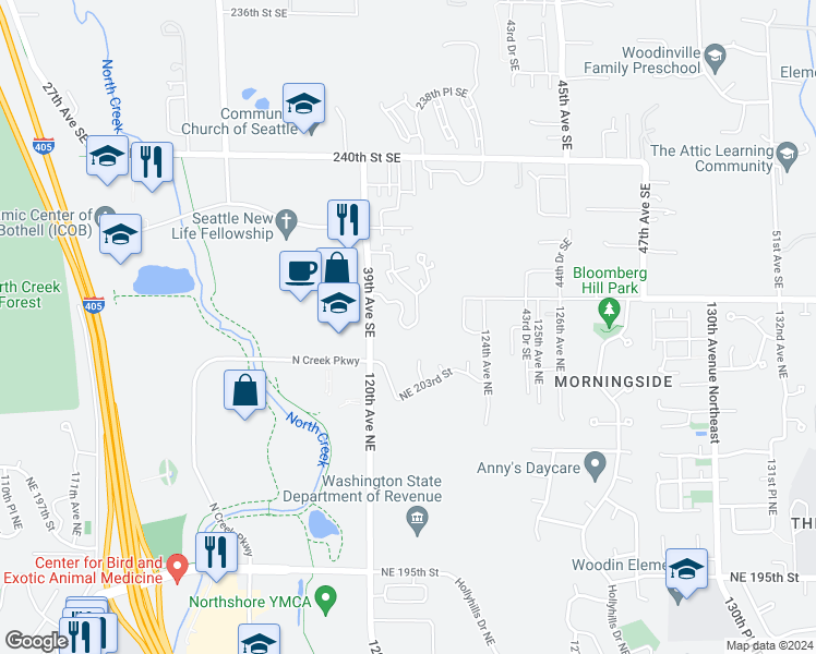 map of restaurants, bars, coffee shops, grocery stores, and more near 20318 122nd Place Northeast in Bothell