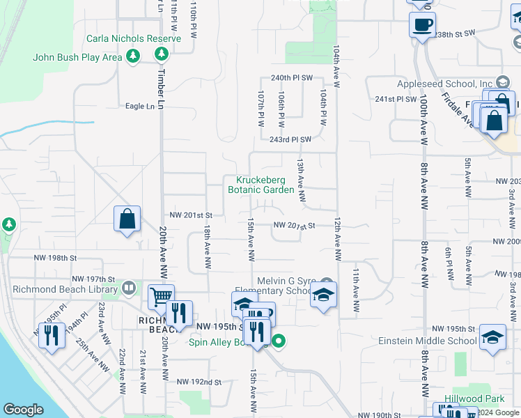 map of restaurants, bars, coffee shops, grocery stores, and more near 1441 Northwest 202nd Lane in Shoreline