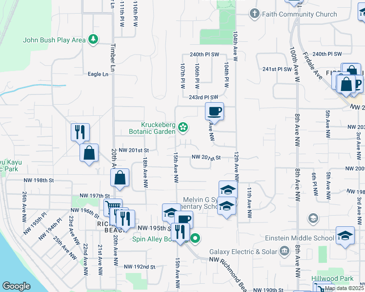 map of restaurants, bars, coffee shops, grocery stores, and more near 1441 Northwest 202nd Lane in Shoreline