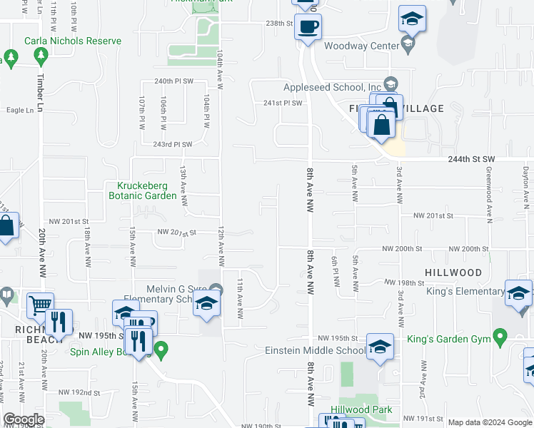 map of restaurants, bars, coffee shops, grocery stores, and more near 20045 10th Avenue Northwest in Shoreline