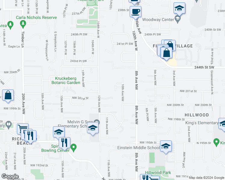 map of restaurants, bars, coffee shops, grocery stores, and more near 20045 10th Avenue Northwest in Shoreline