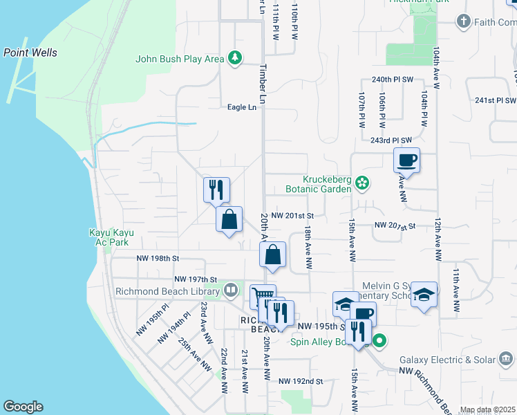 map of restaurants, bars, coffee shops, grocery stores, and more near 20104 21st Place Northwest in Shoreline