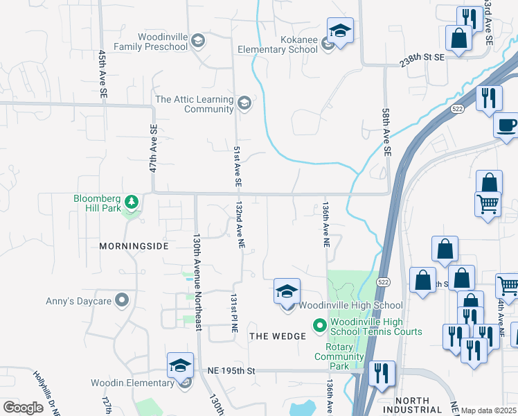 map of restaurants, bars, coffee shops, grocery stores, and more near 20237 134th Avenue Northeast in Woodinville