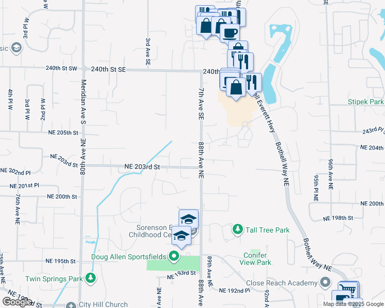 map of restaurants, bars, coffee shops, grocery stores, and more near 20332 86th Place Northeast in Bothell