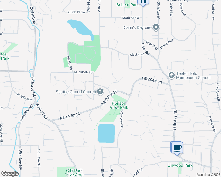 map of restaurants, bars, coffee shops, grocery stores, and more near 4601 Northeast 203rd Court in Lake Forest Park