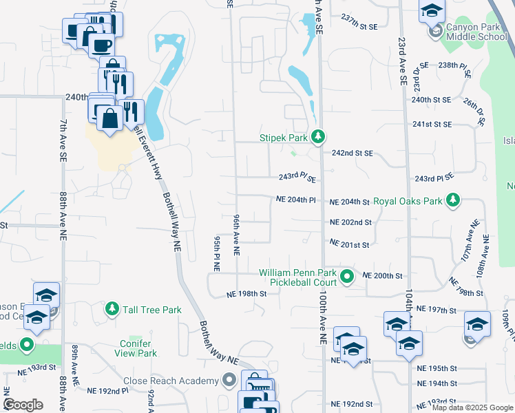 map of restaurants, bars, coffee shops, grocery stores, and more near 9707 Northeast 203rd Street in Bothell