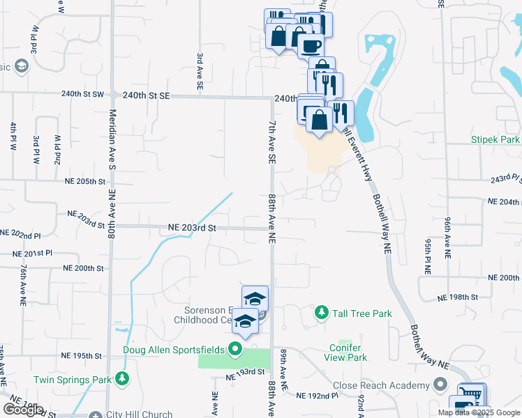map of restaurants, bars, coffee shops, grocery stores, and more near 20332 86th Place Northeast in Bothell
