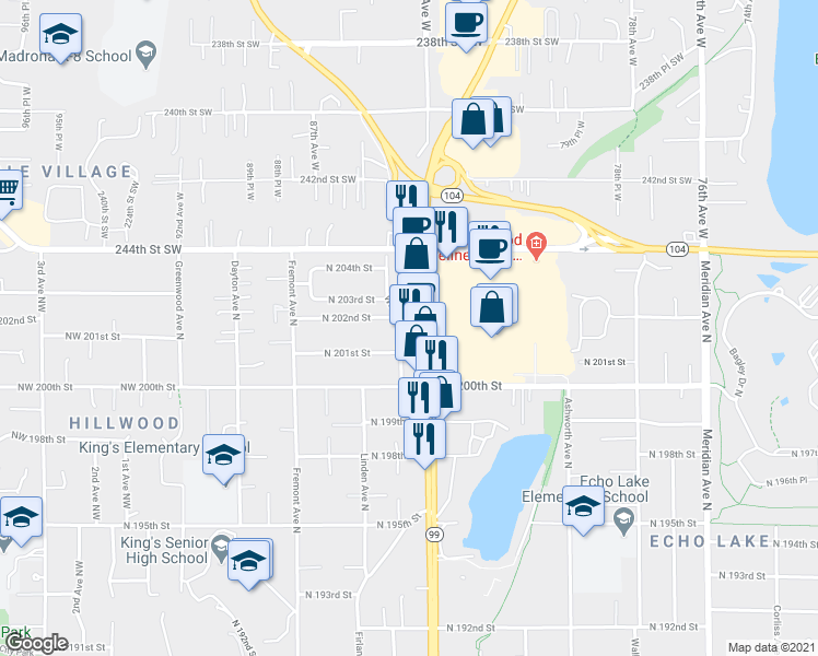 map of restaurants, bars, coffee shops, grocery stores, and more near 907 North 201st Street in Shoreline