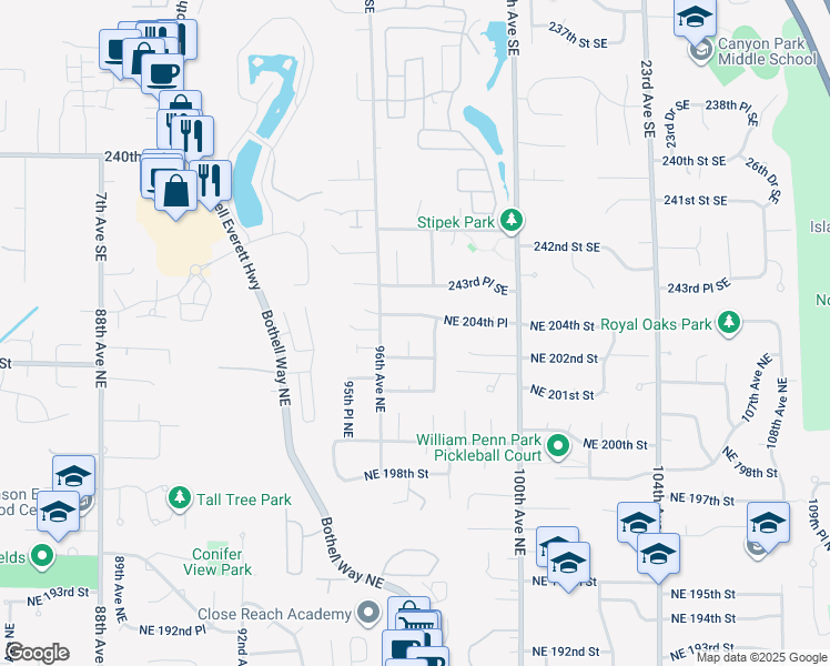 map of restaurants, bars, coffee shops, grocery stores, and more near 9707 Northeast 203rd Street in Bothell