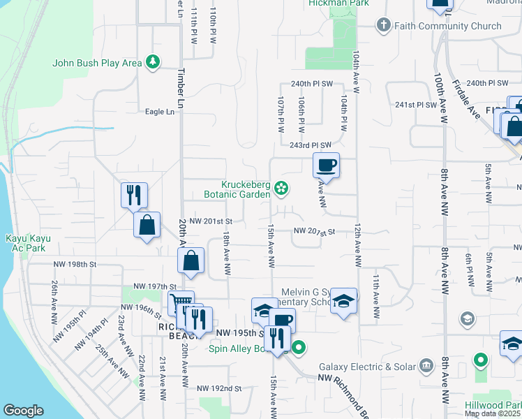 map of restaurants, bars, coffee shops, grocery stores, and more near 20215 15th Avenue Northwest in Shoreline