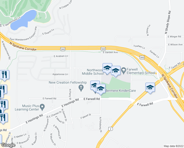 map of restaurants, bars, coffee shops, grocery stores, and more near 1608 East Raptor Lane in Spokane