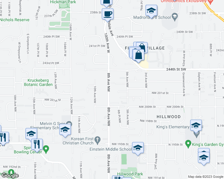 map of restaurants, bars, coffee shops, grocery stores, and more near 536 Northwest 203rd Street in Shoreline