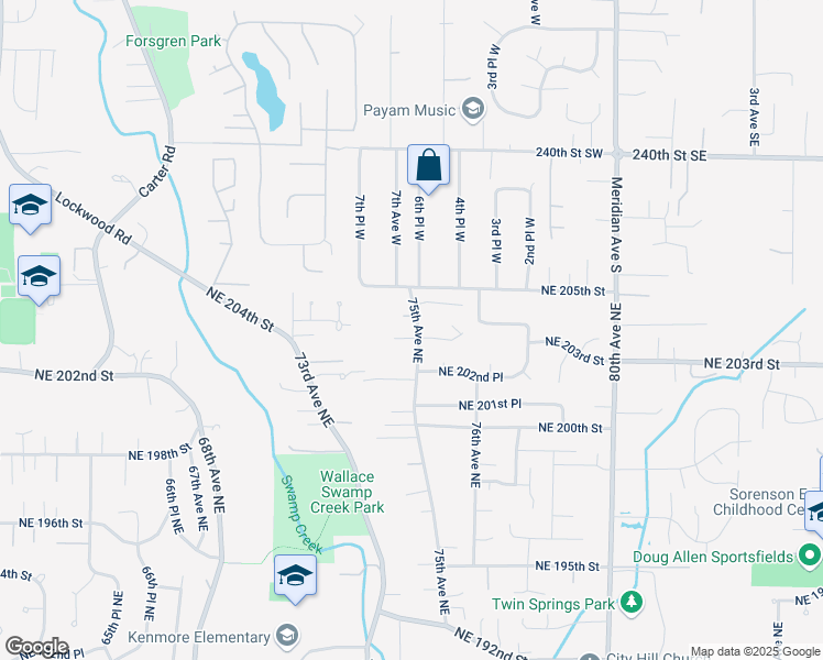 map of restaurants, bars, coffee shops, grocery stores, and more near 20361 75th Avenue Northeast in Kenmore