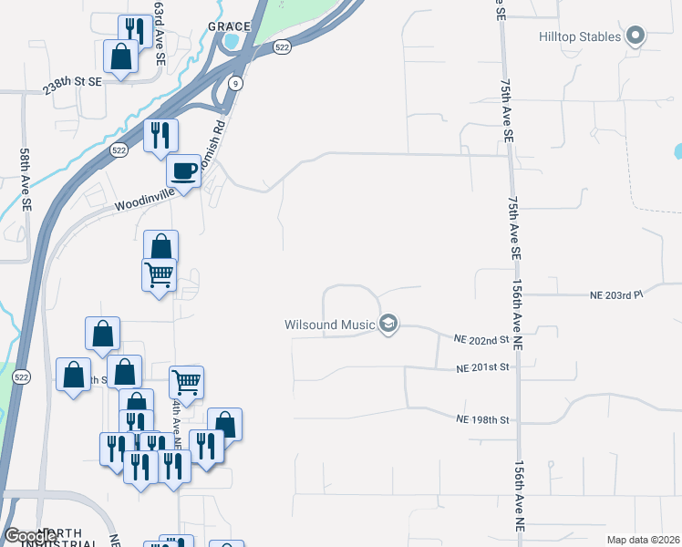 map of restaurants, bars, coffee shops, grocery stores, and more near 14918 Northeast 204th Street in Woodinville