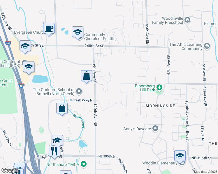 map of restaurants, bars, coffee shops, grocery stores, and more near 12023 Northeast 204th Place in Bothell