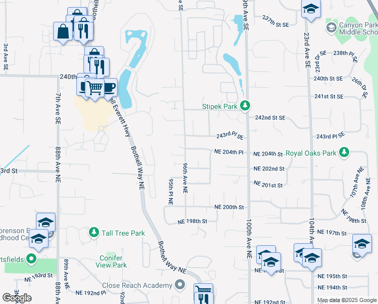 map of restaurants, bars, coffee shops, grocery stores, and more near 20415 96th Avenue Northeast in Bothell