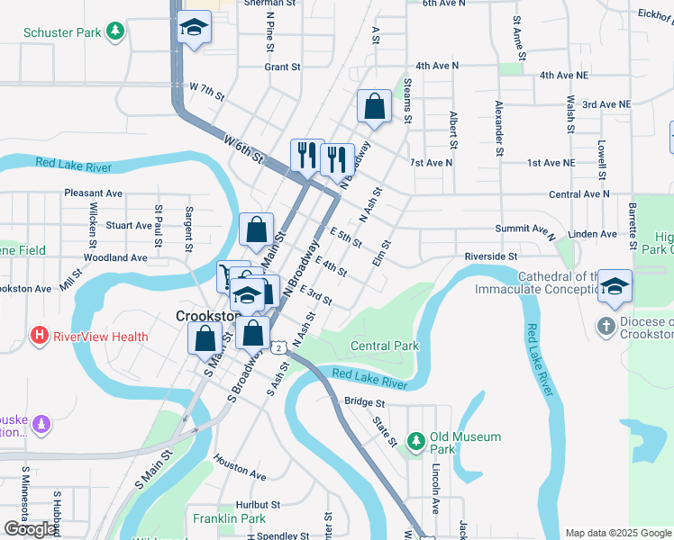 map of restaurants, bars, coffee shops, grocery stores, and more near 202 East 4th Street in Crookston
