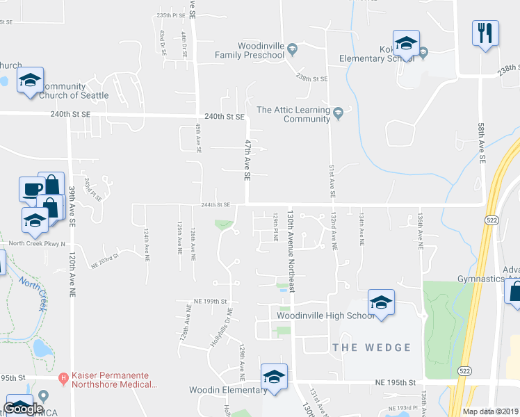 map of restaurants, bars, coffee shops, grocery stores, and more near 12932 Northeast 204th Place in Woodinville