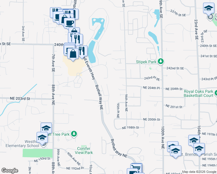 map of restaurants, bars, coffee shops, grocery stores, and more near 20316 94th Drive Northeast in Bothell