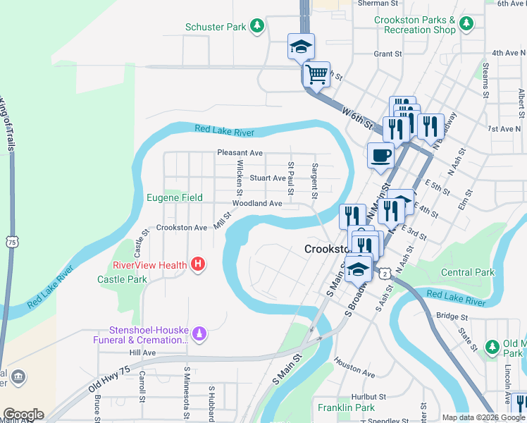 map of restaurants, bars, coffee shops, grocery stores, and more near 604 Woodland Avenue in Crookston