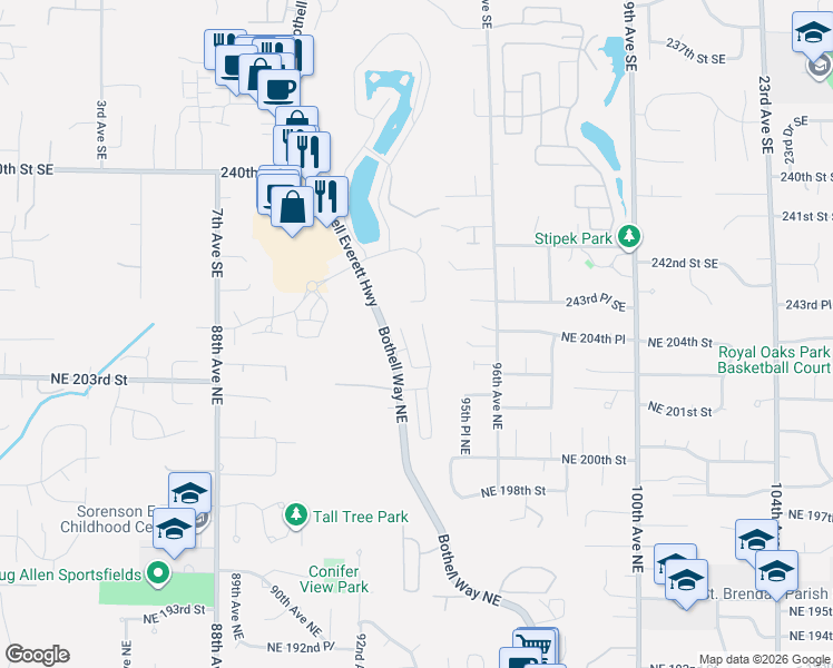 map of restaurants, bars, coffee shops, grocery stores, and more near 22910 Bothell Way Northeast in Bothell