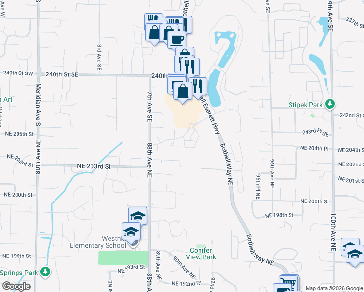 map of restaurants, bars, coffee shops, grocery stores, and more near 9000 Northeast 203rd Place in Bothell