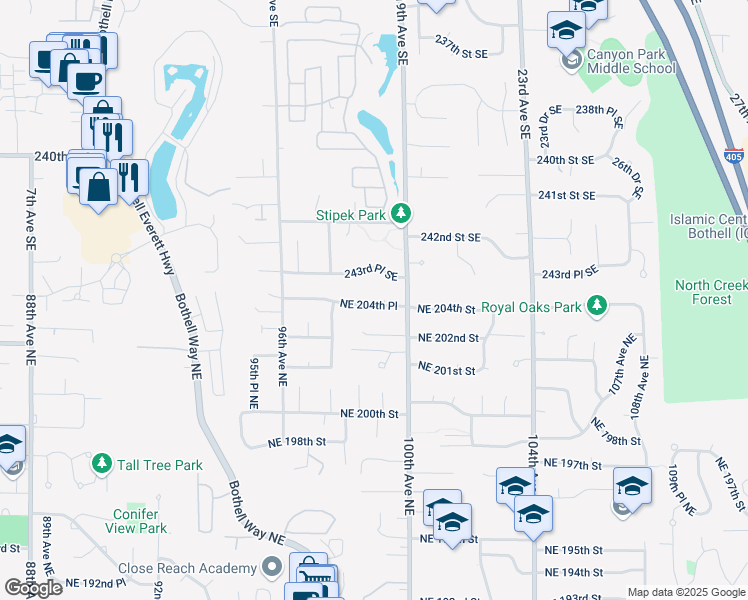 map of restaurants, bars, coffee shops, grocery stores, and more near 9906 Northeast 204th Place in Bothell