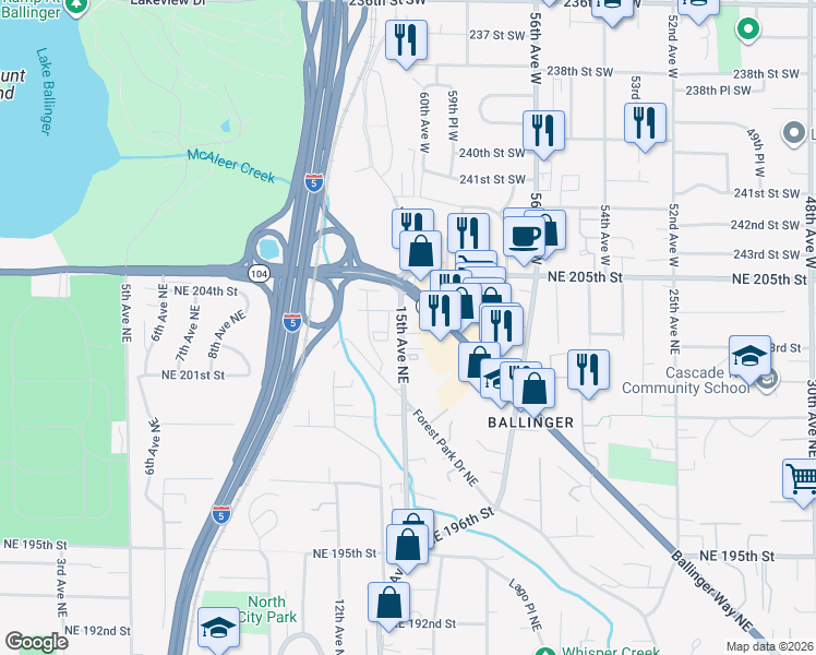 map of restaurants, bars, coffee shops, grocery stores, and more near 20318 15th Avenue Northeast in Shoreline