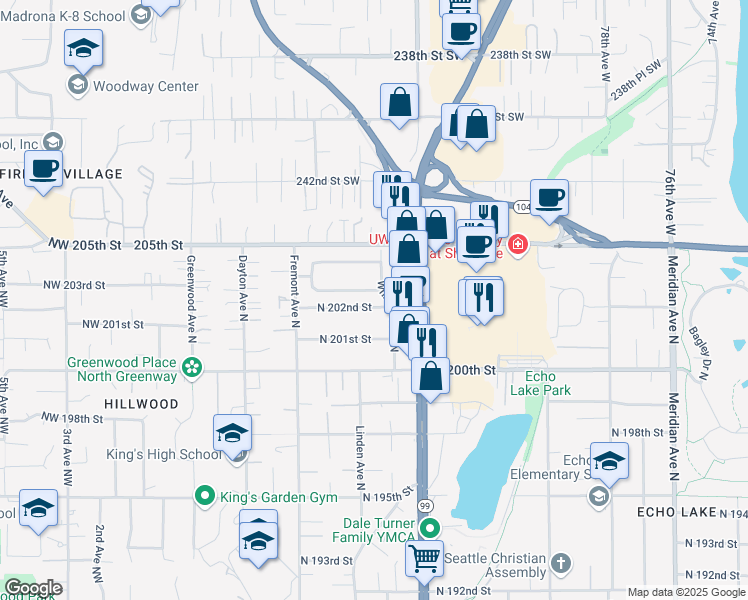 map of restaurants, bars, coffee shops, grocery stores, and more near 20300 Whitman Avenue North in Shoreline