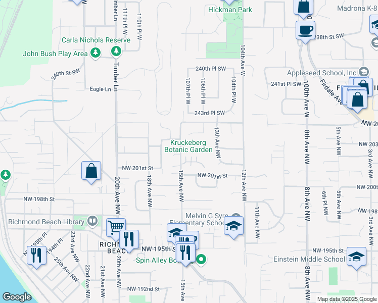 map of restaurants, bars, coffee shops, grocery stores, and more near 1425 Northwest 204th Place in Shoreline