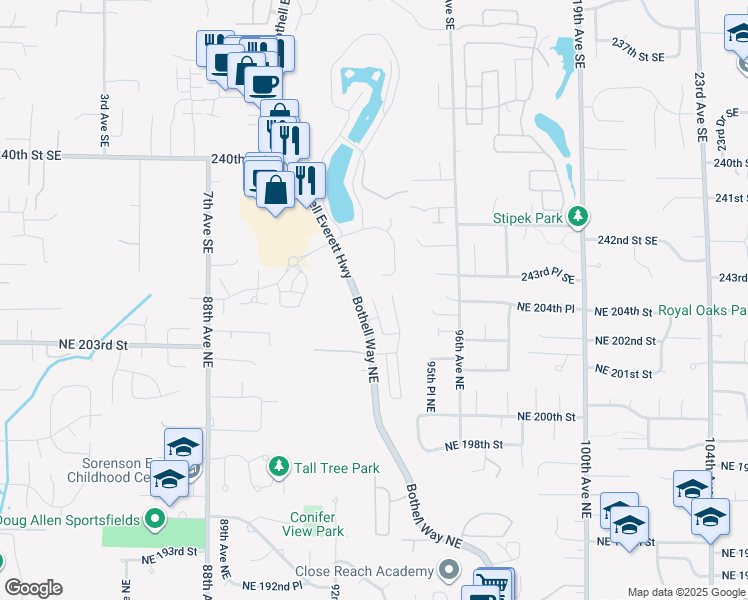 map of restaurants, bars, coffee shops, grocery stores, and more near 22910 Bothell Way Northeast in Bothell