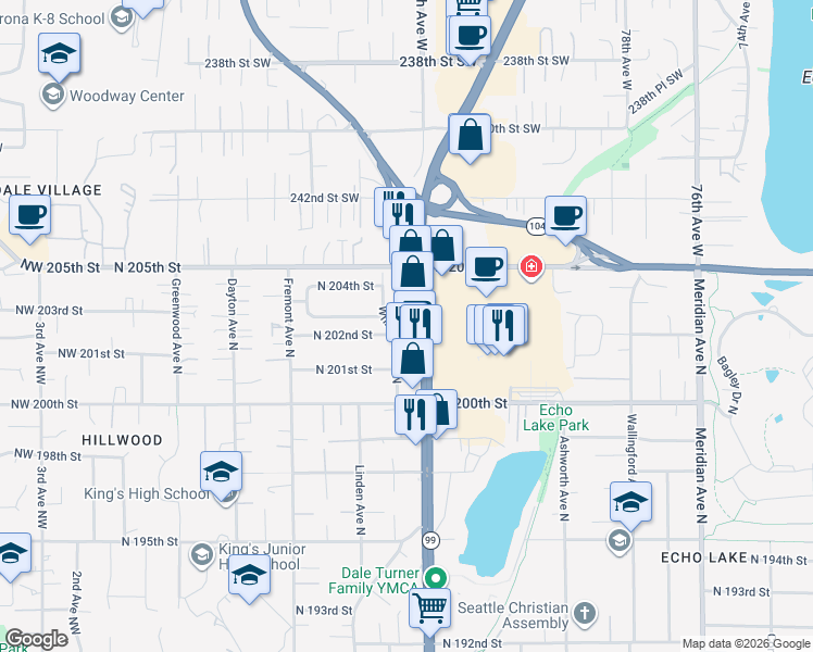 map of restaurants, bars, coffee shops, grocery stores, and more near 20221 Aurora Avenue North in Seattle