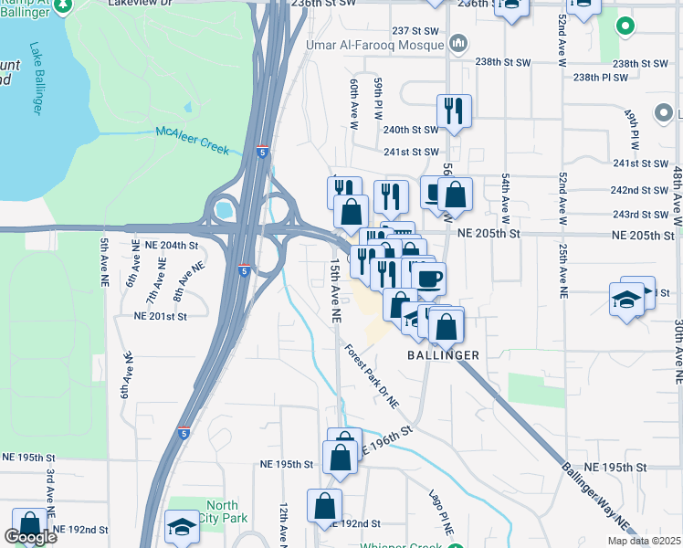 map of restaurants, bars, coffee shops, grocery stores, and more near 20333 Ballinger Way Northeast in Shoreline