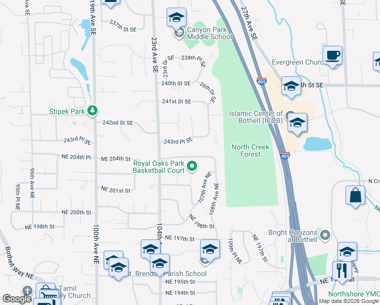 map of restaurants, bars, coffee shops, grocery stores, and more near 2426 243rd Place Southeast in Bothell