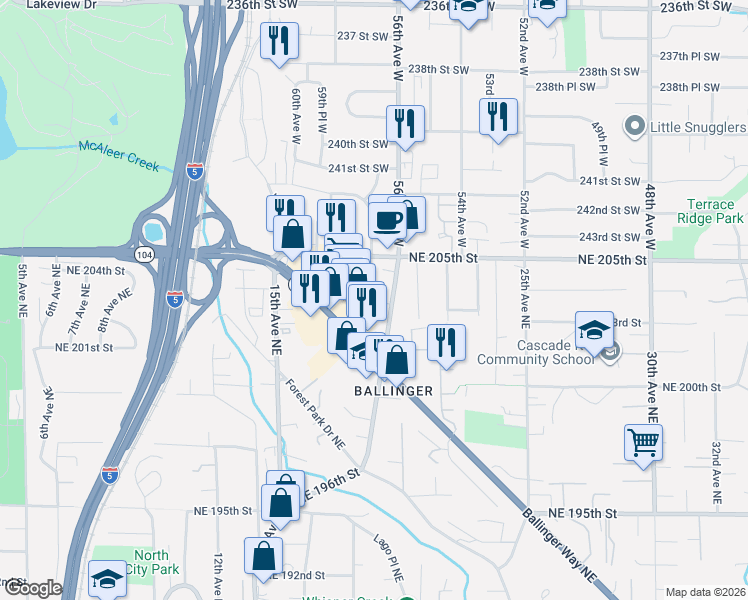 map of restaurants, bars, coffee shops, grocery stores, and more near 20301 19th Avenue Northeast in Shoreline
