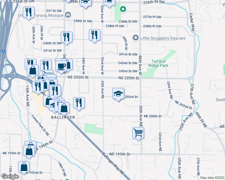 map of restaurants, bars, coffee shops, grocery stores, and more near 2545 Northeast 204th Street in Shoreline