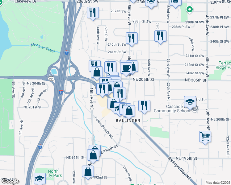 map of restaurants, bars, coffee shops, grocery stores, and more near 20150 Ballinger Way Northeast in Shoreline