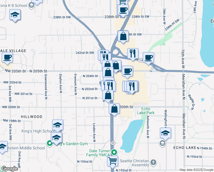 map of restaurants, bars, coffee shops, grocery stores, and more near 20221 Aurora Avenue North in Shoreline