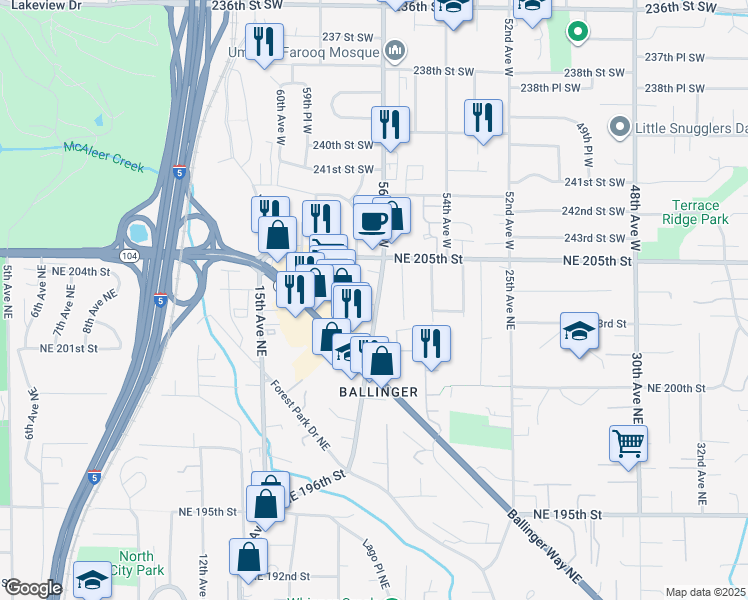 map of restaurants, bars, coffee shops, grocery stores, and more near 20318 19th Avenue Northeast in Shoreline