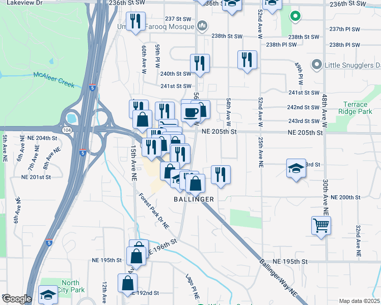 map of restaurants, bars, coffee shops, grocery stores, and more near 20318 19th Avenue Northeast in Shoreline