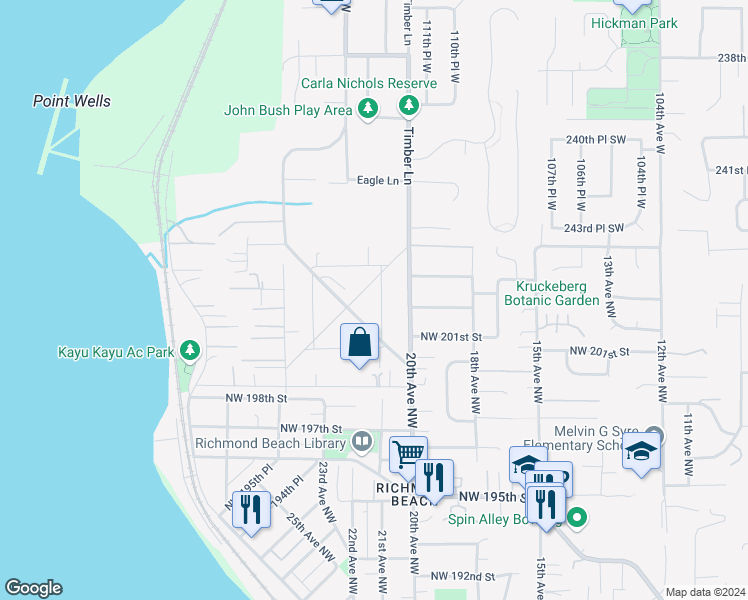 map of restaurants, bars, coffee shops, grocery stores, and more near 20213 21st Place Northwest in Shoreline